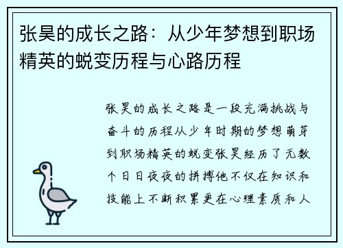 张昊的成长之路：从少年梦想到职场精英的蜕变历程与心路历程